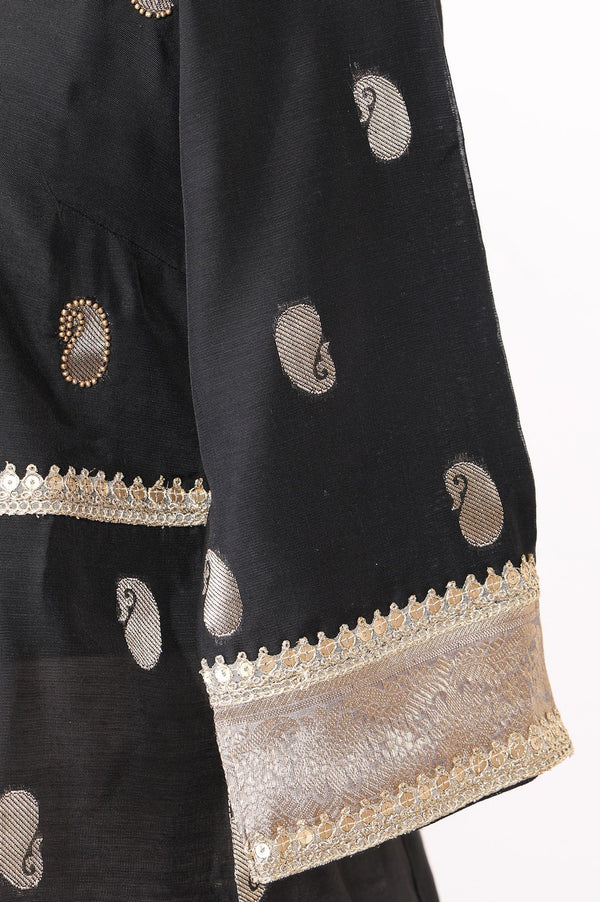 Black Jacquard Zari Embellished Flared Kurta with Palazzo and Dupatta Set