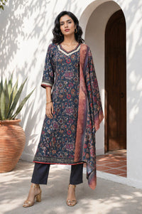 Navy Blue Floral Printed Crepe A-line Kurta with Trousers and Dupatta Set