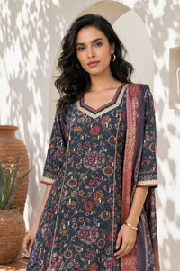 Navy Blue Floral Printed Crepe A-line Kurta with Trousers and Dupatta Set