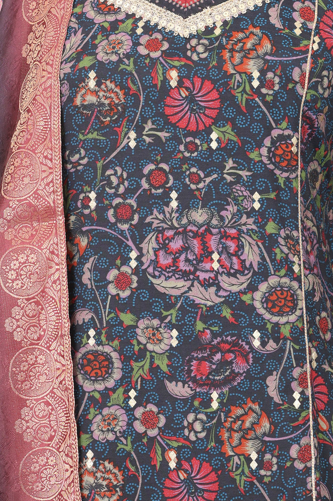 Navy Blue Floral Printed Crepe A-line Kurta with Trousers and Dupatta Set