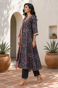 Navy Blue Floral Printed Crepe A-line Kurta with Trousers and Dupatta Set