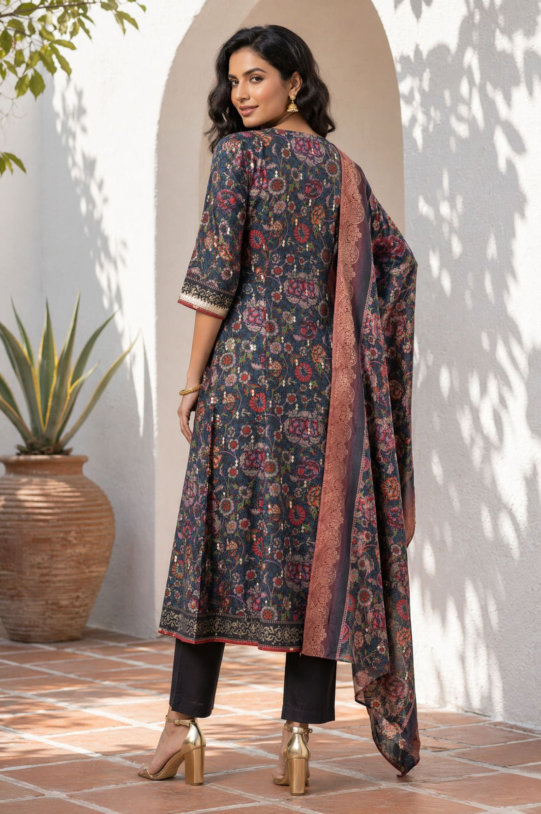 Navy Blue Floral Printed Crepe A-line Kurta with Trousers and Dupatta Set