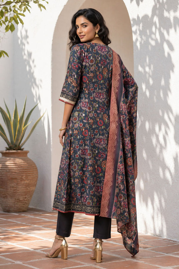 Navy Blue Floral Printed Crepe A-line Kurta with Trousers and Dupatta Set
