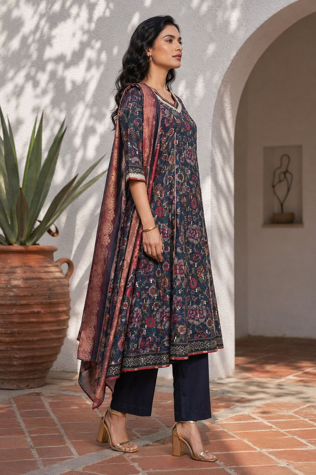 Navy Blue Floral Printed Crepe A-line Kurta with Trousers and Dupatta Set