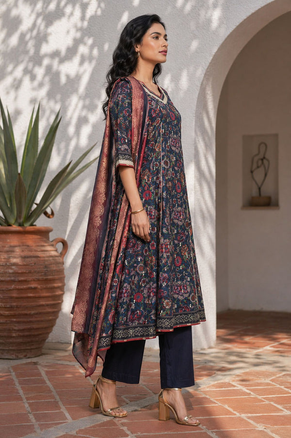 Navy Blue Floral Printed Crepe A-line Kurta with Trousers and Dupatta Set