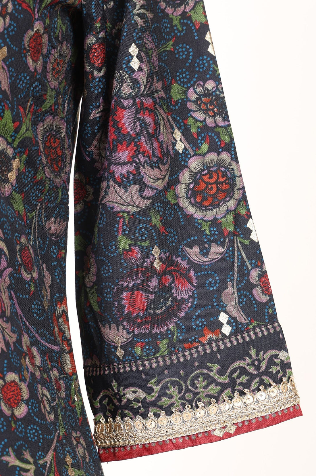 Navy Blue Floral Printed Crepe A-line Kurta with Trousers and Dupatta Set