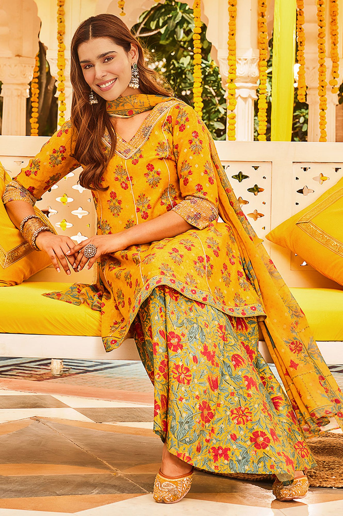Yellow Sequins Floral Printed A-line Kurta with Palazzo and Dupatta Set