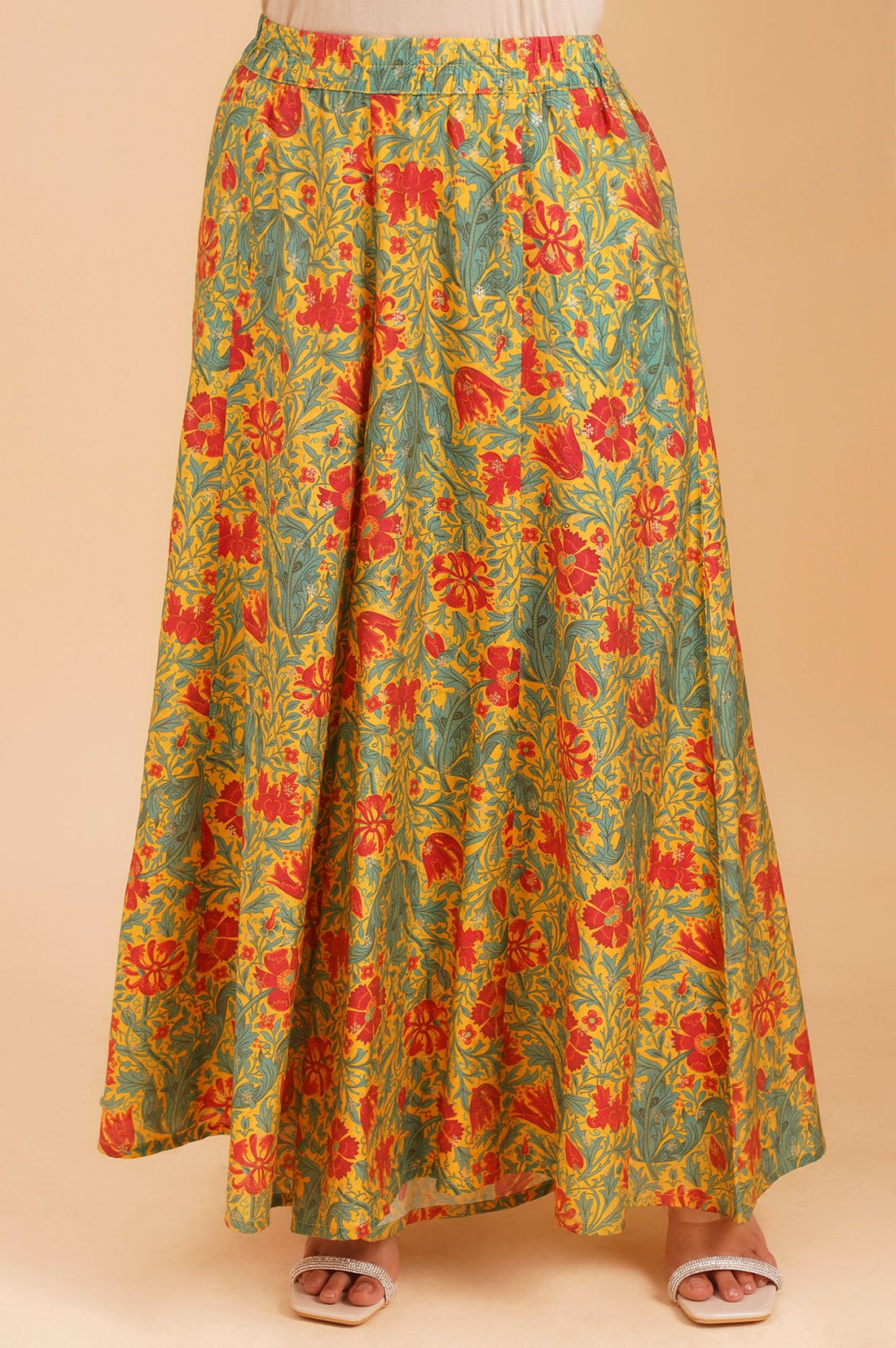 Yellow Sequins Floral Printed A-line Kurta with Palazzo and Dupatta Set