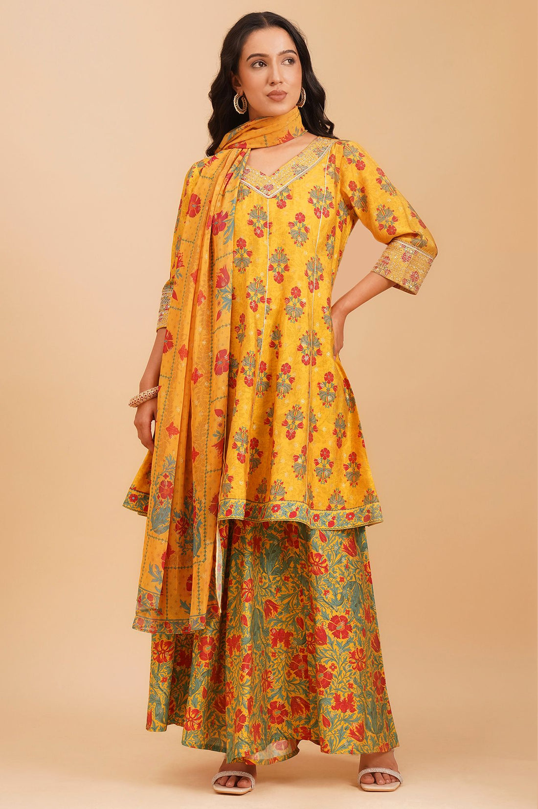 Yellow Sequins Floral Printed A-line Kurta with Palazzo and Dupatta Set
