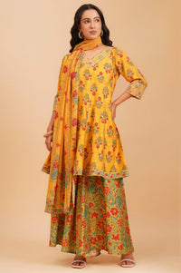 Yellow Sequins Floral Printed A-line Kurta with Palazzo and Dupatta Set