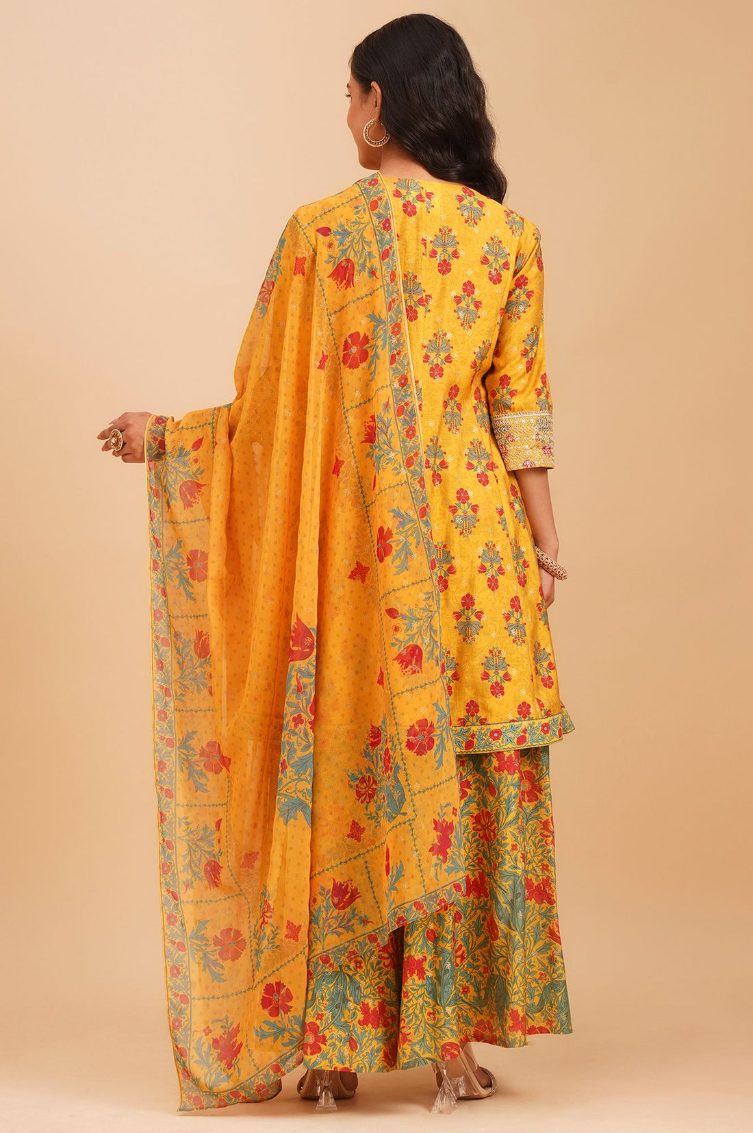 Yellow Sequins Floral Printed A-line Kurta with Palazzo and Dupatta Set