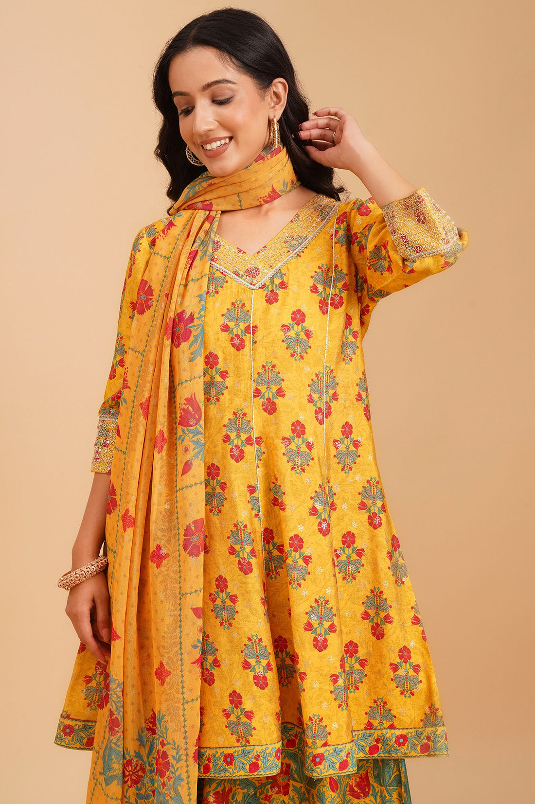 Yellow Sequins Floral Printed A-line Kurta with Palazzo and Dupatta Set