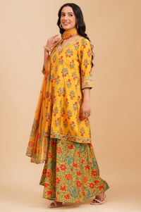 Yellow Sequins Floral Printed A-line Kurta with Palazzo and Dupatta Set