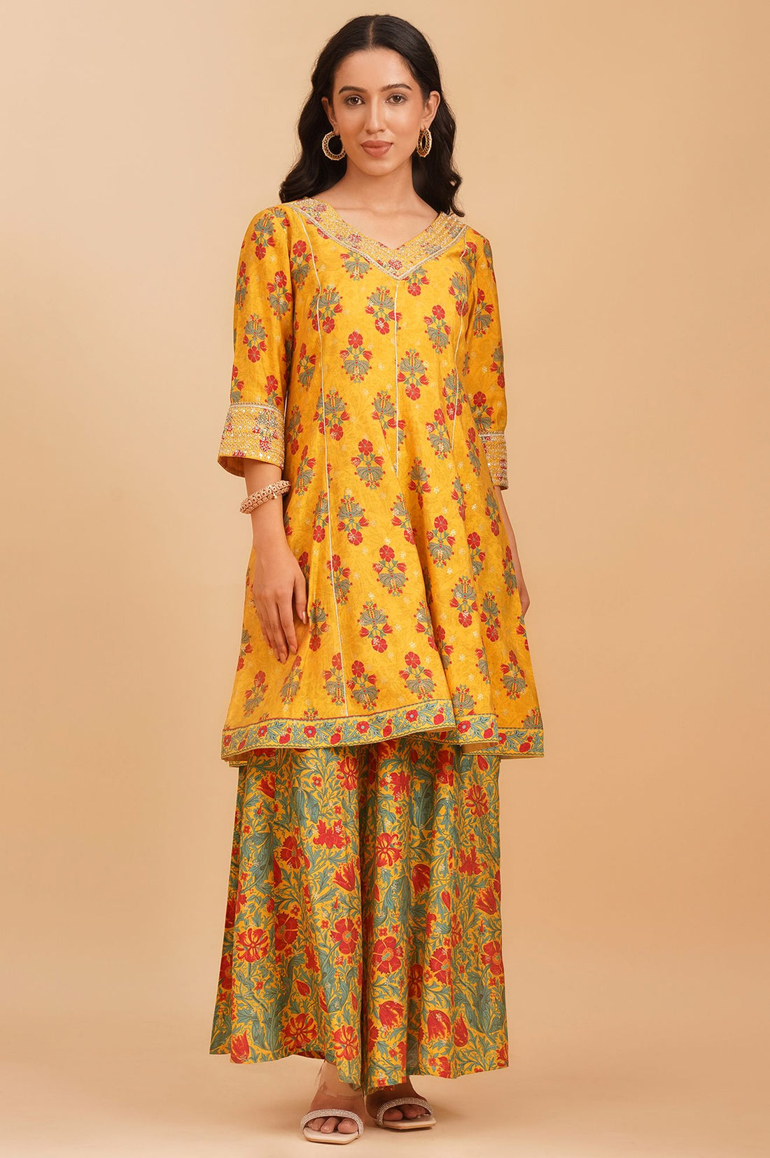 Yellow Sequins Floral Printed A-line Kurta with Palazzo and Dupatta Set