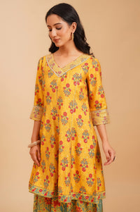 Yellow Sequins Floral Printed A-line Kurta with Palazzo and Dupatta Set