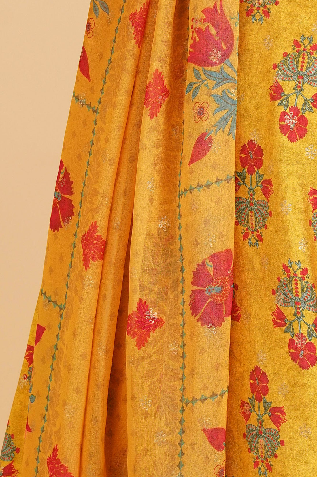 Yellow Sequins Floral Printed A-line Kurta with Palazzo and Dupatta Set