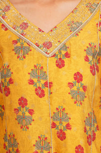 Yellow Sequins Floral Printed A-line Kurta with Palazzo and Dupatta Set