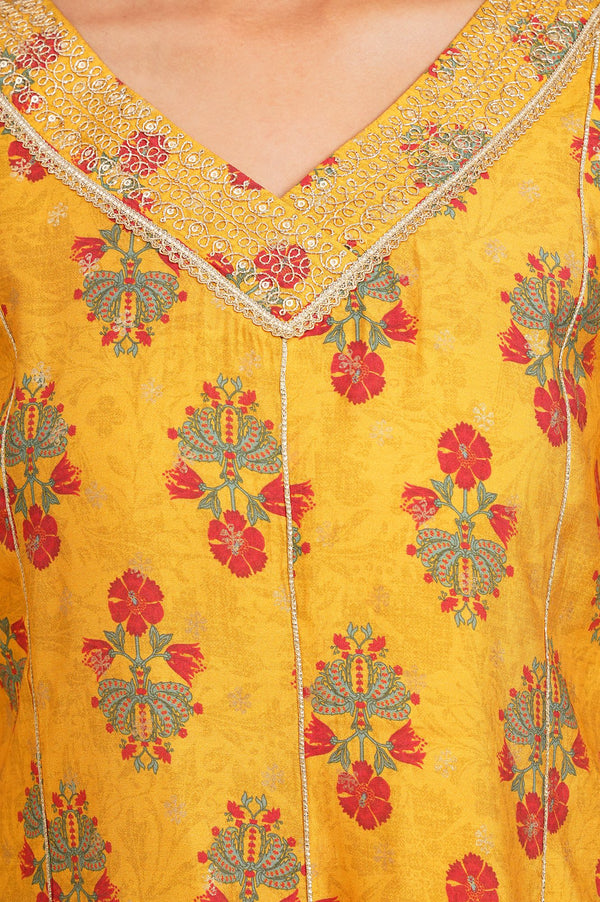 Yellow Sequins Floral Printed A-line Kurta with Palazzo and Dupatta Set