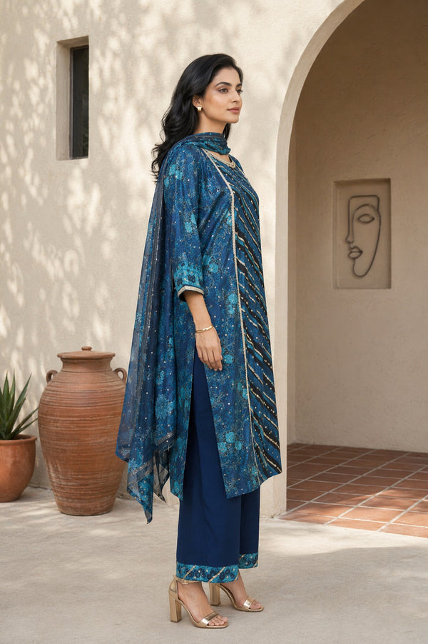 Aurelia Women's Navy Blue Floral Printed Crepe Straight Kurta with Trousers and Dupatta Set