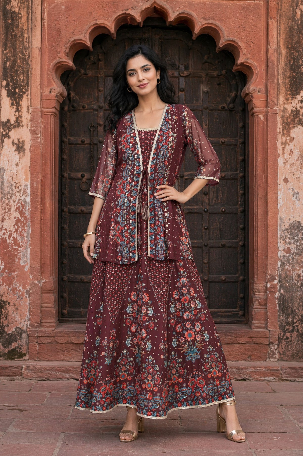 Aurelia Women's Burgundy Floral Printed Lace Crepe Straight Crop Top with Skirt and Gillet Set - S