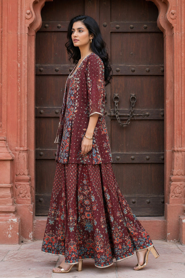 Aurelia Women's Burgundy Floral Printed Lace Crepe Straight Crop Top with Skirt and Gillet Set