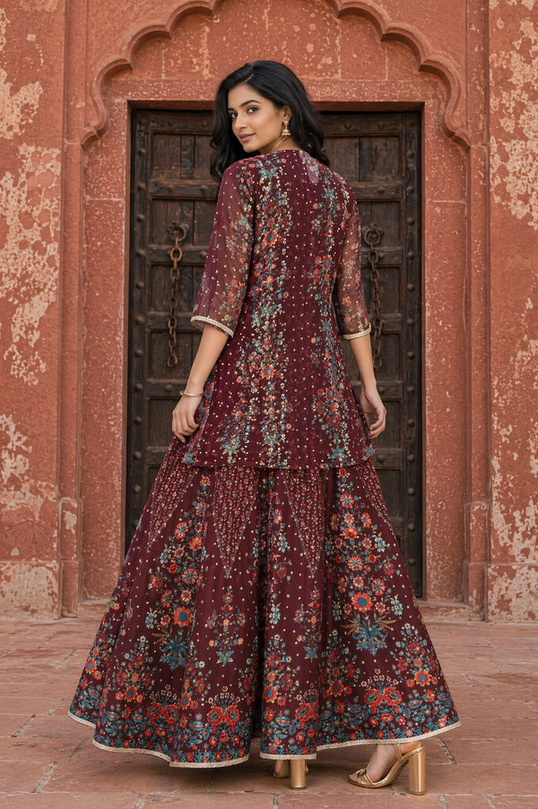 Aurelia Women's Burgundy Floral Printed Lace Crepe Straight Crop Top with Skirt and Gillet Set