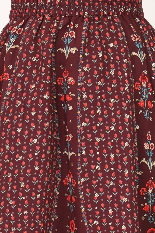 Aurelia Women's Burgundy Floral Printed Lace Crepe Straight Crop Top with Skirt and Gillet Set