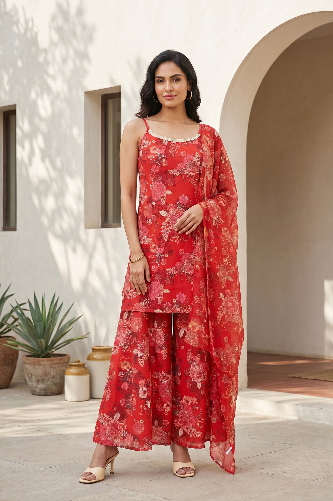 Red Floral Printed Straight Kurta With Palazzo And Dupatta Set