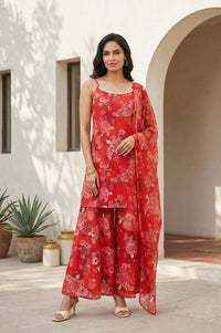 Red Floral Printed Straight Kurta With Palazzo And Dupatta Set