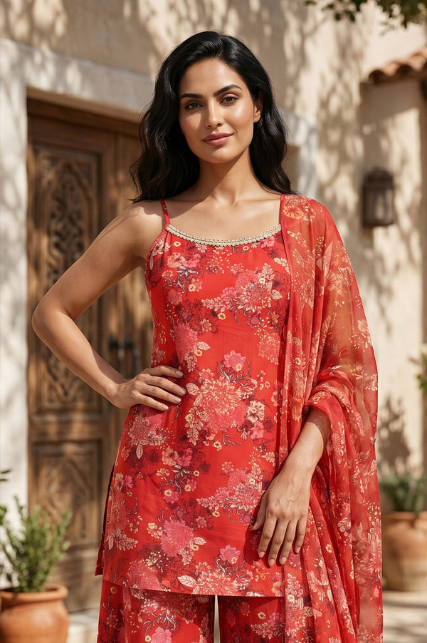Red Floral Printed Straight Kurta With Palazzo And Dupatta Set