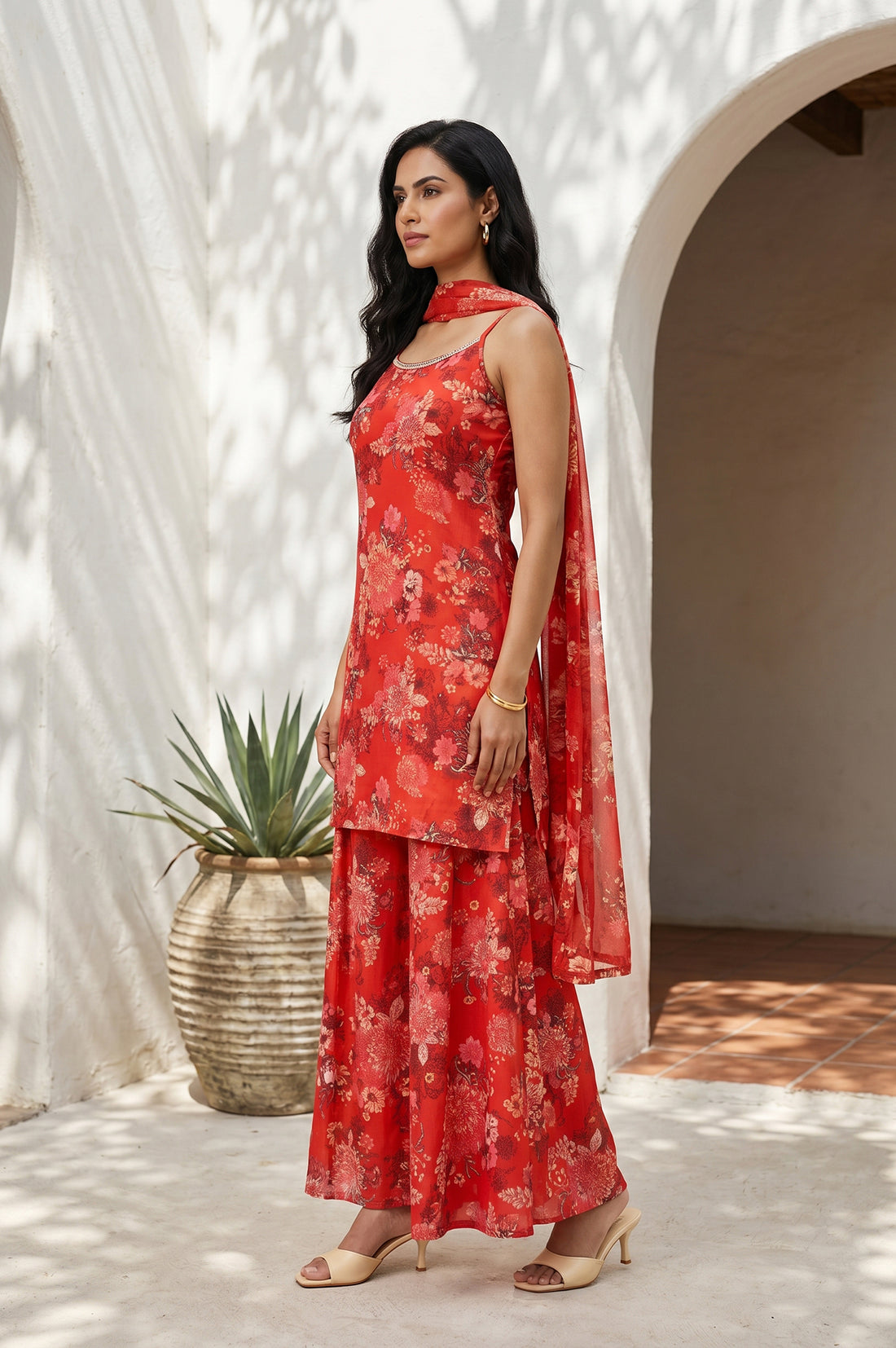 Red Floral Printed Straight Kurta With Palazzo And Dupatta Set
