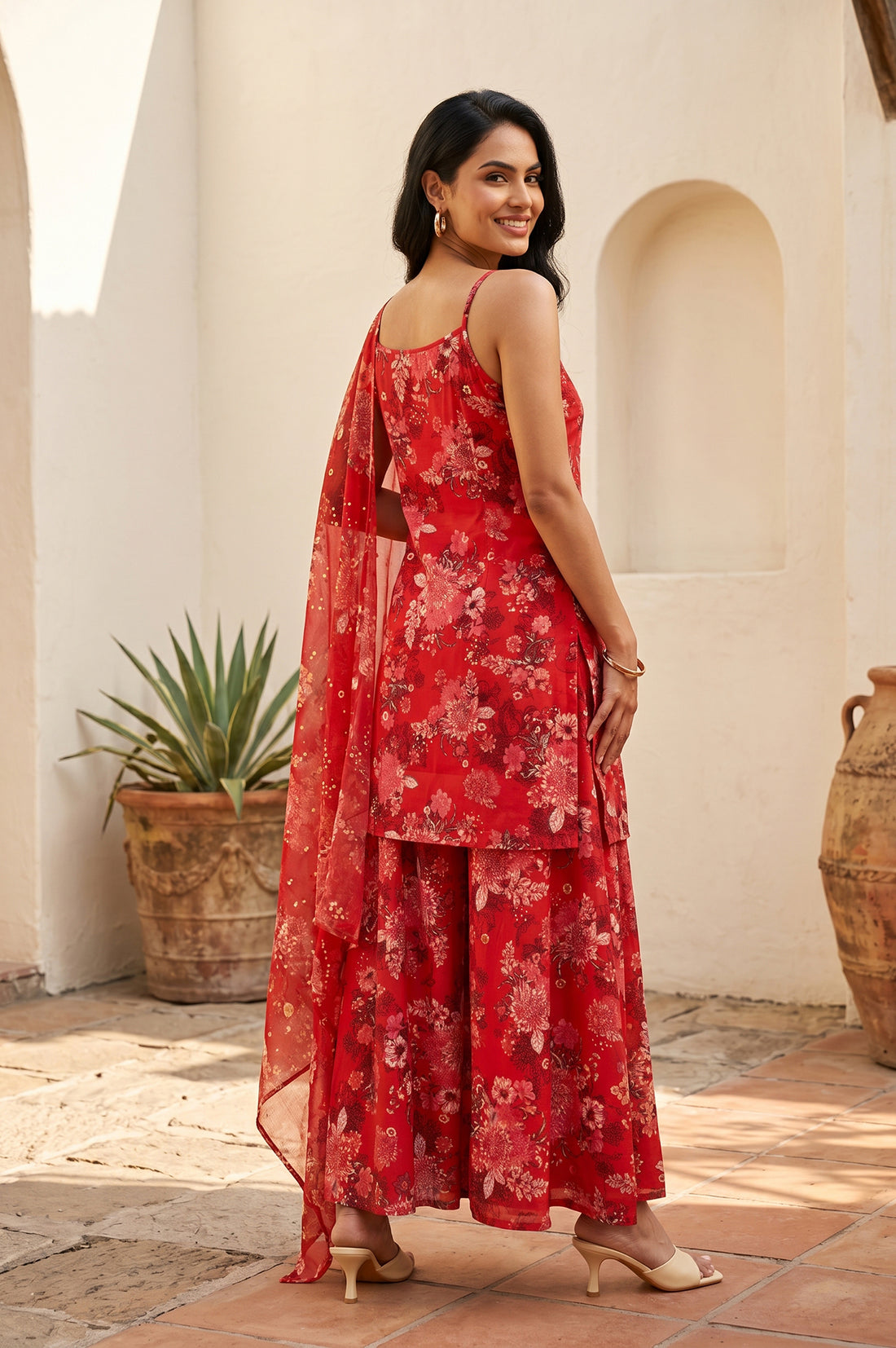 Red Floral Printed Straight Kurta With Palazzo And Dupatta Set