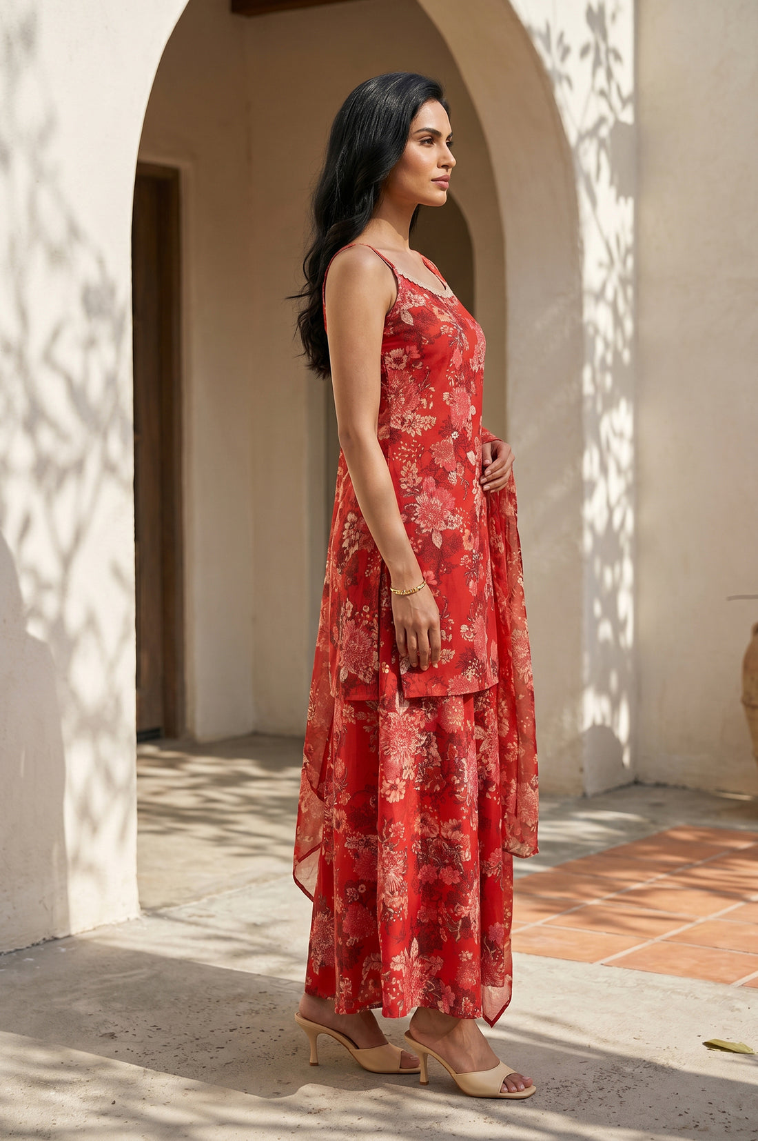 Red Floral Printed Straight Kurta With Palazzo And Dupatta Set