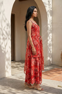 Red Floral Printed Straight Kurta With Palazzo And Dupatta Set