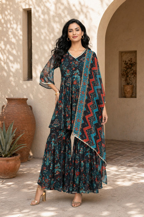 Aurelia Women's Navy Blue Floral Printed Lace Georgette A-line Kurta with Sharara and Dupatta Set