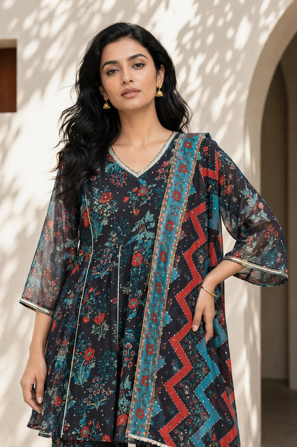 Aurelia Women's Navy Blue Floral Printed Lace Georgette A-line Kurta with Sharara and Dupatta Set