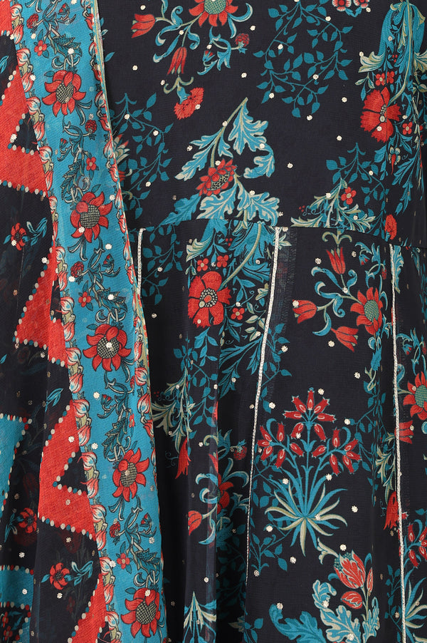 Aurelia Women's Navy Blue Floral Printed Lace Georgette A-line Kurta with Sharara and Dupatta Set