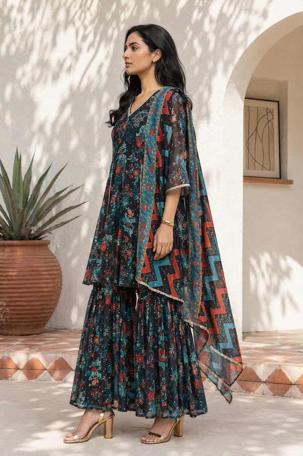 Aurelia Women's Navy Blue Floral Printed Lace Georgette A-line Kurta with Sharara and Dupatta Set