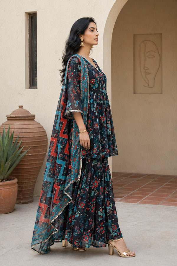 Aurelia Women's Navy Blue Floral Printed Lace Georgette A-line Kurta with Sharara and Dupatta Set