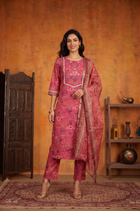 Pink Floral Printed Sequins Straight Kurta with Trousers and Dupatta Set