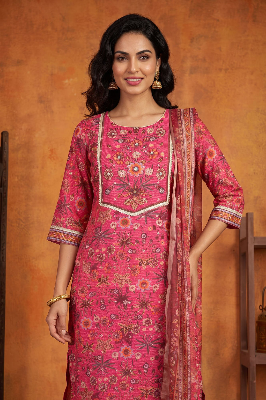 Pink Floral Printed Sequins Straight Kurta with Trousers and Dupatta Set