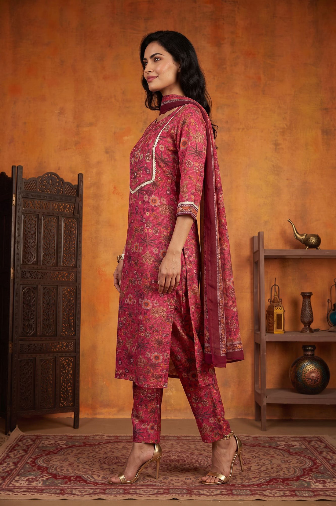Pink Floral Printed Sequins Straight Kurta with Trousers and Dupatta Set