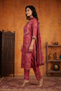 Pink Floral Printed Sequins Straight Kurta with Trousers and Dupatta Set