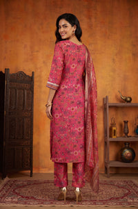 Pink Floral Printed Sequins Straight Kurta with Trousers and Dupatta Set