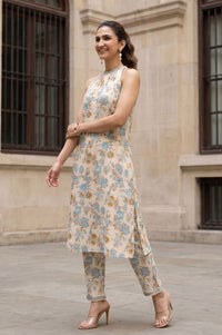 Beige Floral Print Pure Cotton Straight Calf Length Sleeveless Halter Neck Kurta with Ankle Length Straight Fit Trousers (Set of 2)