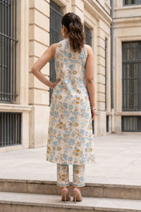 Beige Floral Print Pure Cotton Straight Calf Length Sleeveless Halter Neck Kurta with Ankle Length Straight Fit Trousers (Set of 2)