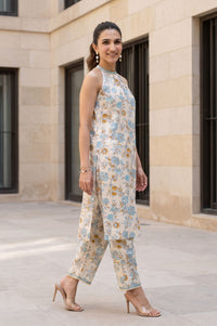 Beige Floral Print Pure Cotton Straight Calf Length Sleeveless Halter Neck Kurta with Ankle Length Straight Fit Trousers (Set of 2)
