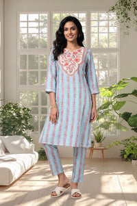 Blue Floral Printed Lace Silk Straight Kurta with Trousers Set