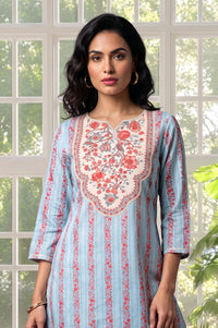 Blue Floral Printed Lace Silk Straight Kurta with Trousers Set