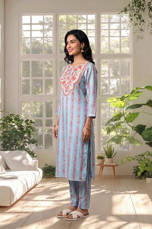 Blue Floral Printed Lace Silk Straight Kurta with Trousers Set